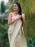 Munga pattu saree pista green color allover prints, zari weaves & zari border with rich pallu and attached plain blouse