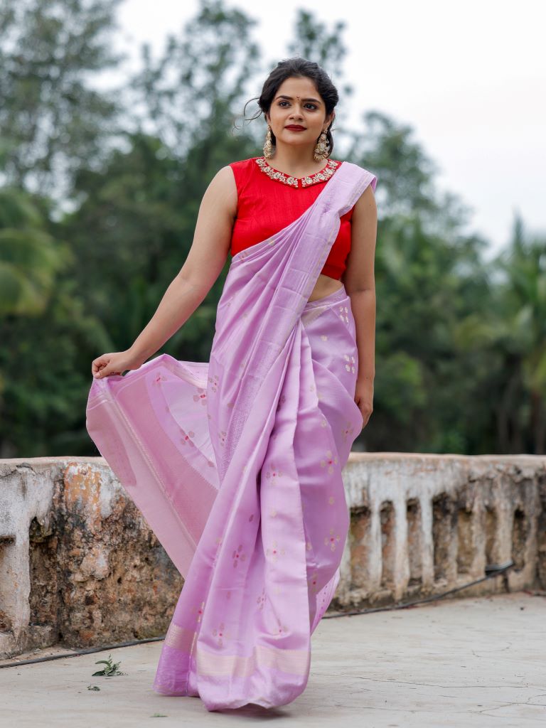 Raw mango pattu saree lavender color allover zari motifs & zari border with short pallu and attached plain blouse