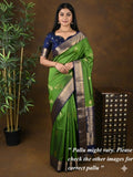 Kanchi pattu saree parrot green color allover zari motifs & zari border with rich pallu and contrast plain blouse