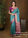 Kanchi pattu saree sky blue color allover zari motifs & zari border with rich pallu and contrast plain blouse