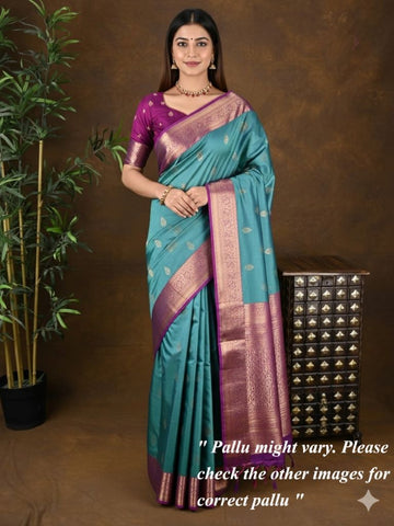 Kanchi pattu saree sky blue color allover zari motifs & zari border with rich pallu and contrast plain blouse