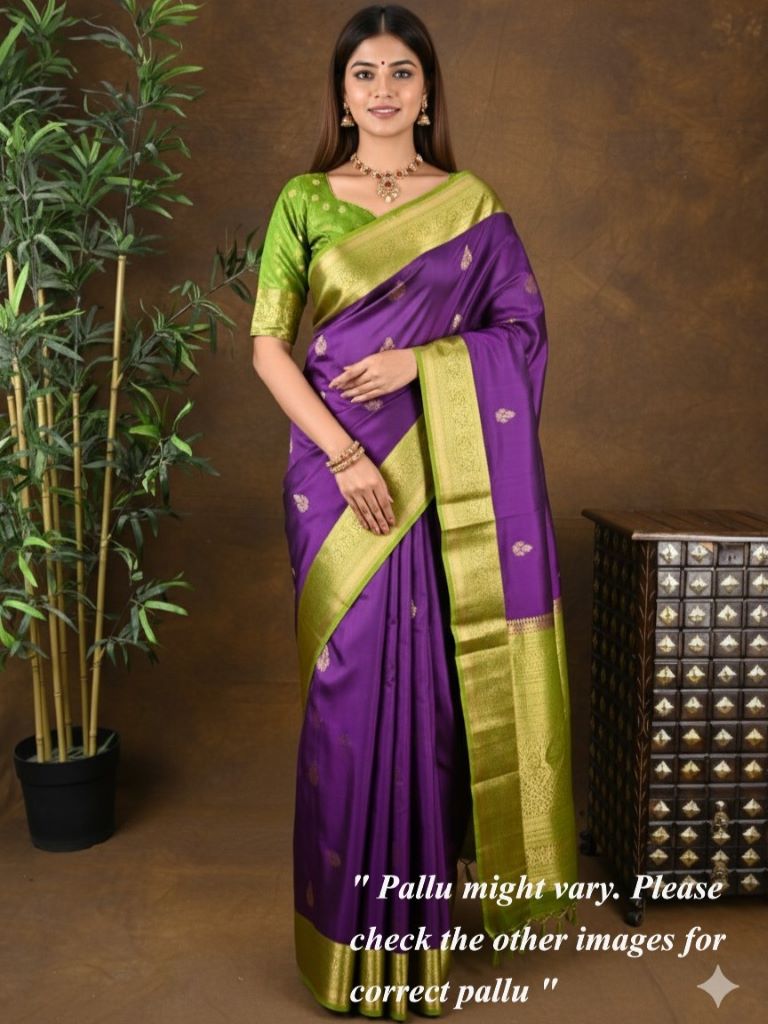 Kanchi pattu saree violet color allover zari motifs & zari border with rich pallu and contrast plain blouse