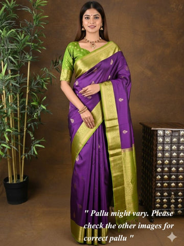 Kanchi pattu saree violet color allover zari motifs & zari border with rich pallu and contrast plain blouse
