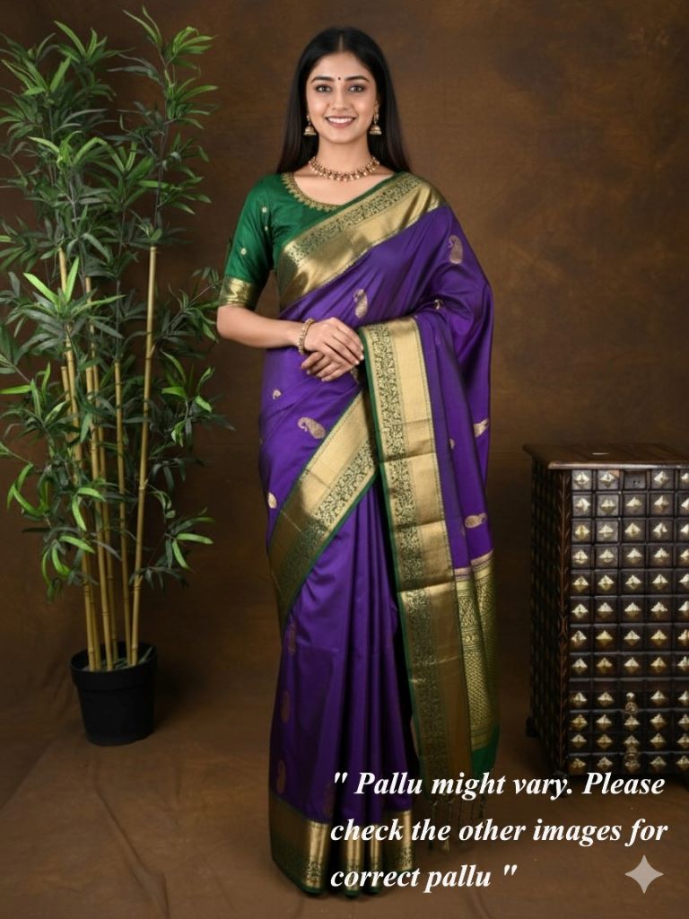 Kanchi pattu saree dark blue color allover zari motifs & zari border with rich pallu and contrast plain blouse