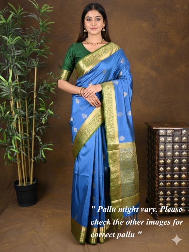 Kanchi pattu saree blue color allover zari motifs & zari border with rich pallu and contrast plain blouse