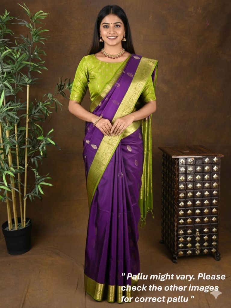 Kanchi pattu saree dark purple color allover zari motifs & zari border with rich pallu and contrast plain blouse