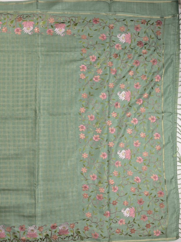 Tussar fancy saree allover checks with embroidery border and attached blouse