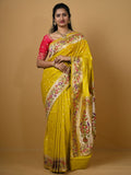 Banaras pattu fancy saree in yellow color allover zari motifs and paithani border paired with plain blouse