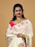 Banaras pattu fancy saree in cream color allover zari motifs and paithani border paired with plain blouse