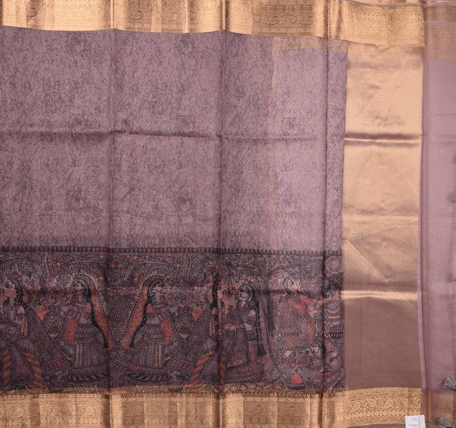 Organza Saree pastel color with allover prints, zari border with big prints, short pallu and plain blouse