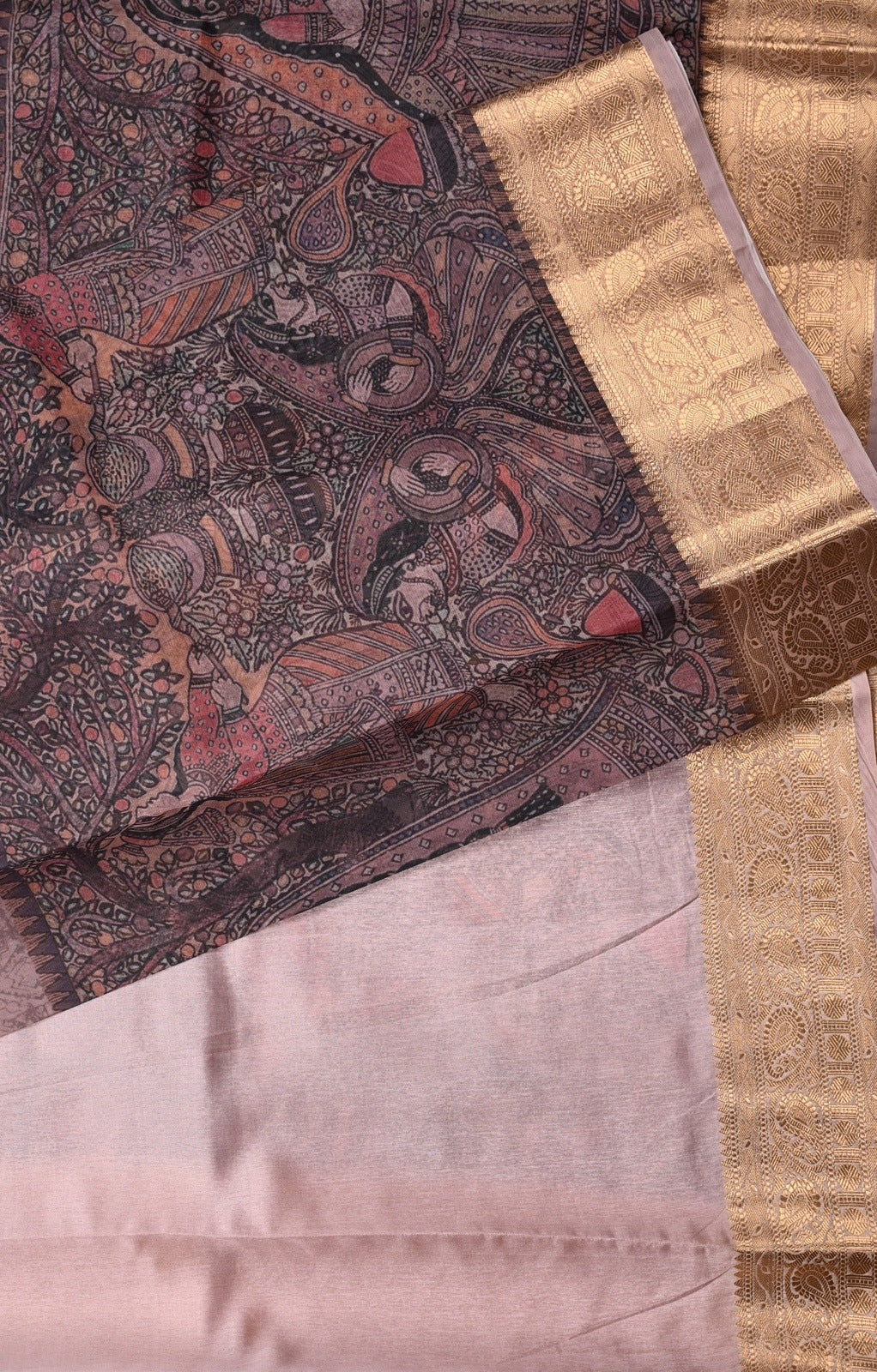 Organza Saree pastel color with allover prints, zari border with big prints, short pallu and plain blouse