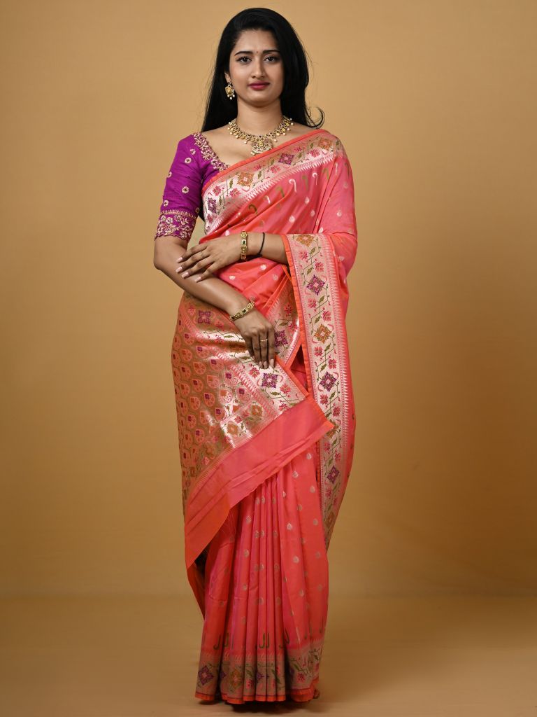 Banaras pattu fancy saree in pink color allover zari motifs and paithani border paired with plain blouse
