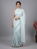Chinnon fancy saree pastel blue color allover motifs & embroidery border with running pallu and contrast blouse