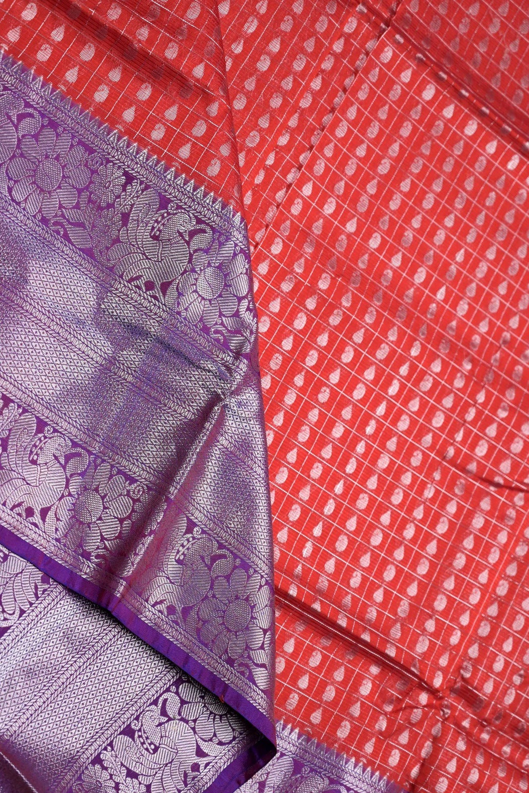 Mangalgiri pattu saree red and purple with allover checks with silver zari motives, big zari border and plain blouse