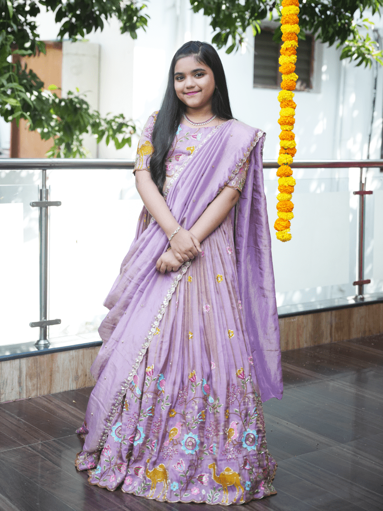 Lavender color dola silk tissue embroidery lehenga