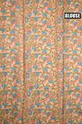 Tussar jute saree light grey color with kalamkari prints, big printed pallu, small kaddi border and printed blouse