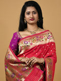 Banaras pattu fancy saree in dark pink color allover zari motifs and paithani border paired with plain blouse