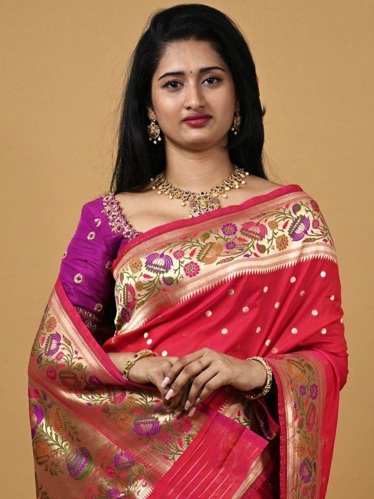 Banaras pattu fancy saree in dark pink color allover zari motifs and paithani border paired with plain blouse