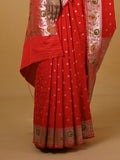 Banaras pattu fancy saree in red color allover zari motifs and paithani border paired with plain blouse