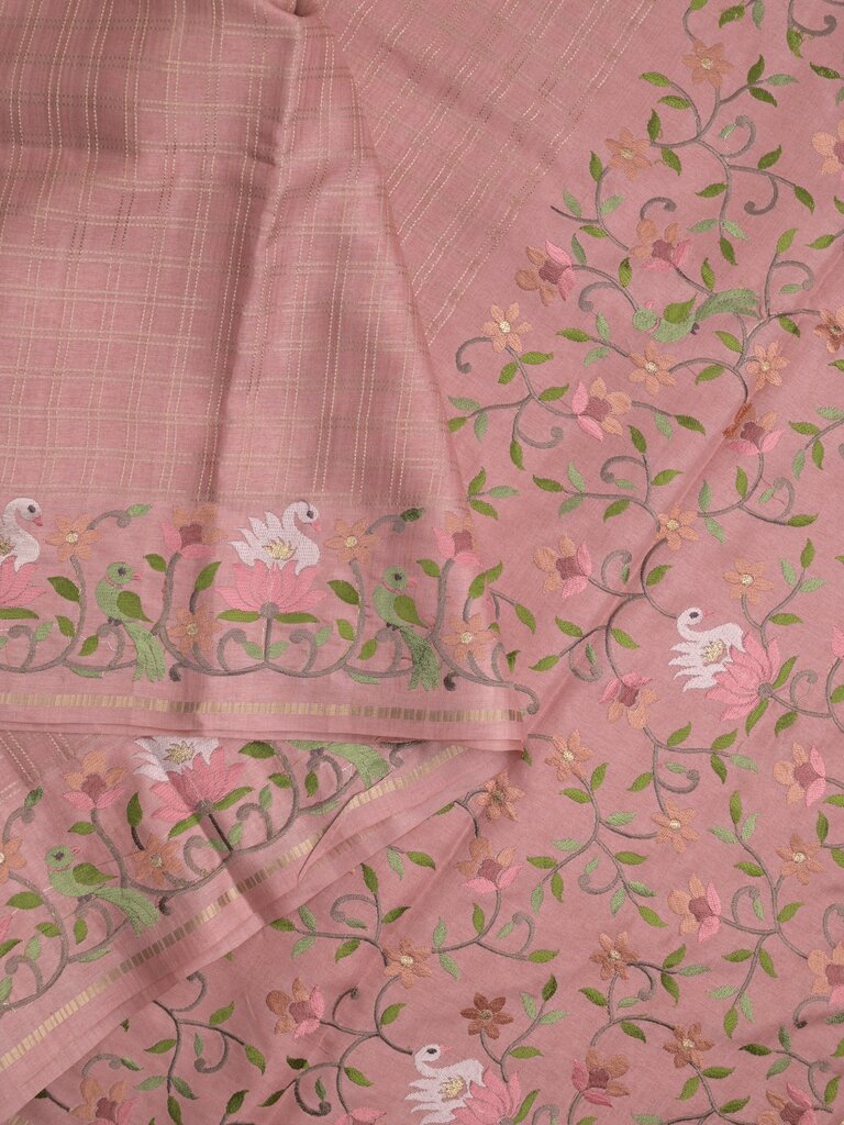 Tussar fancy saree allover checks with embroidery border and attached blouse