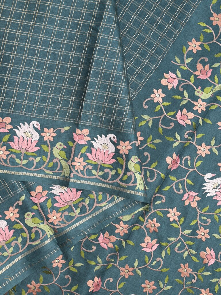 Tussar fancy saree allover checks with embroidery border and attached blouse