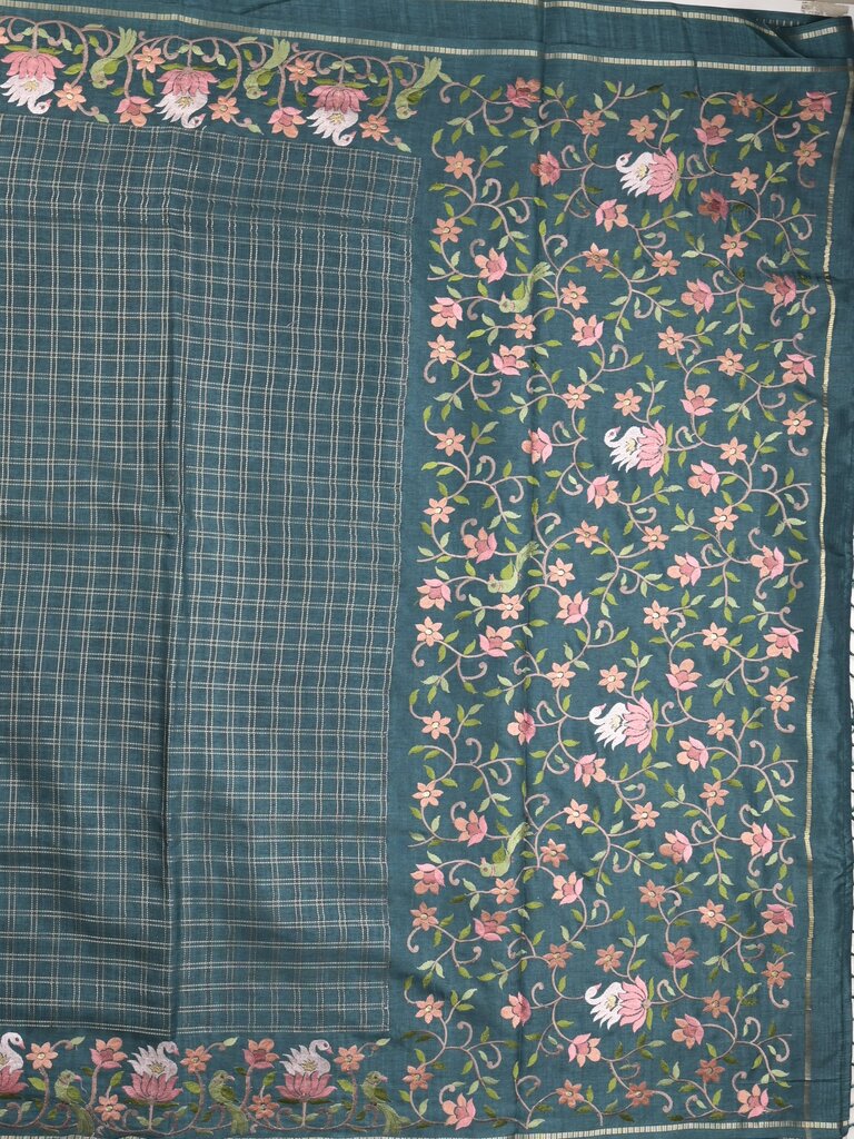 Tussar fancy saree allover checks with embroidery border and attached blouse