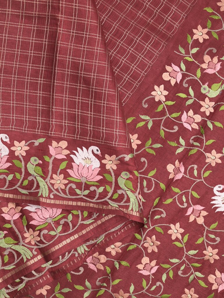 Tussar fancy saree allover checks with embroidery border and attached blouse