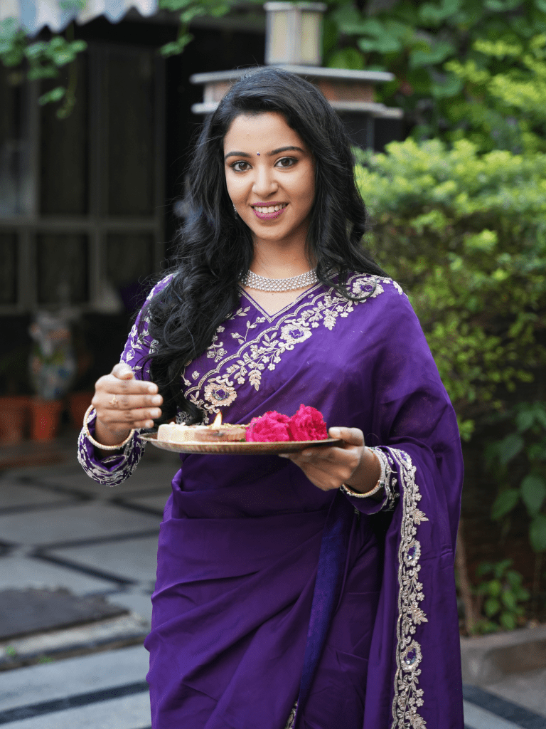 Tabby silk fancy saree dark blue color allover embroidery motifs & fancy border with running pallu and self blouse