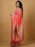 Banaras pattu fancy saree in pink color allover zari motifs and paithani border paired with plain blouse