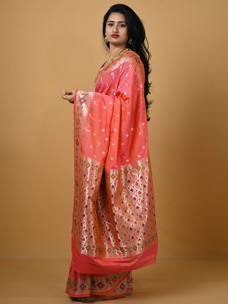 Banaras pattu fancy saree in pink color allover zari motifs and paithani border paired with plain blouse