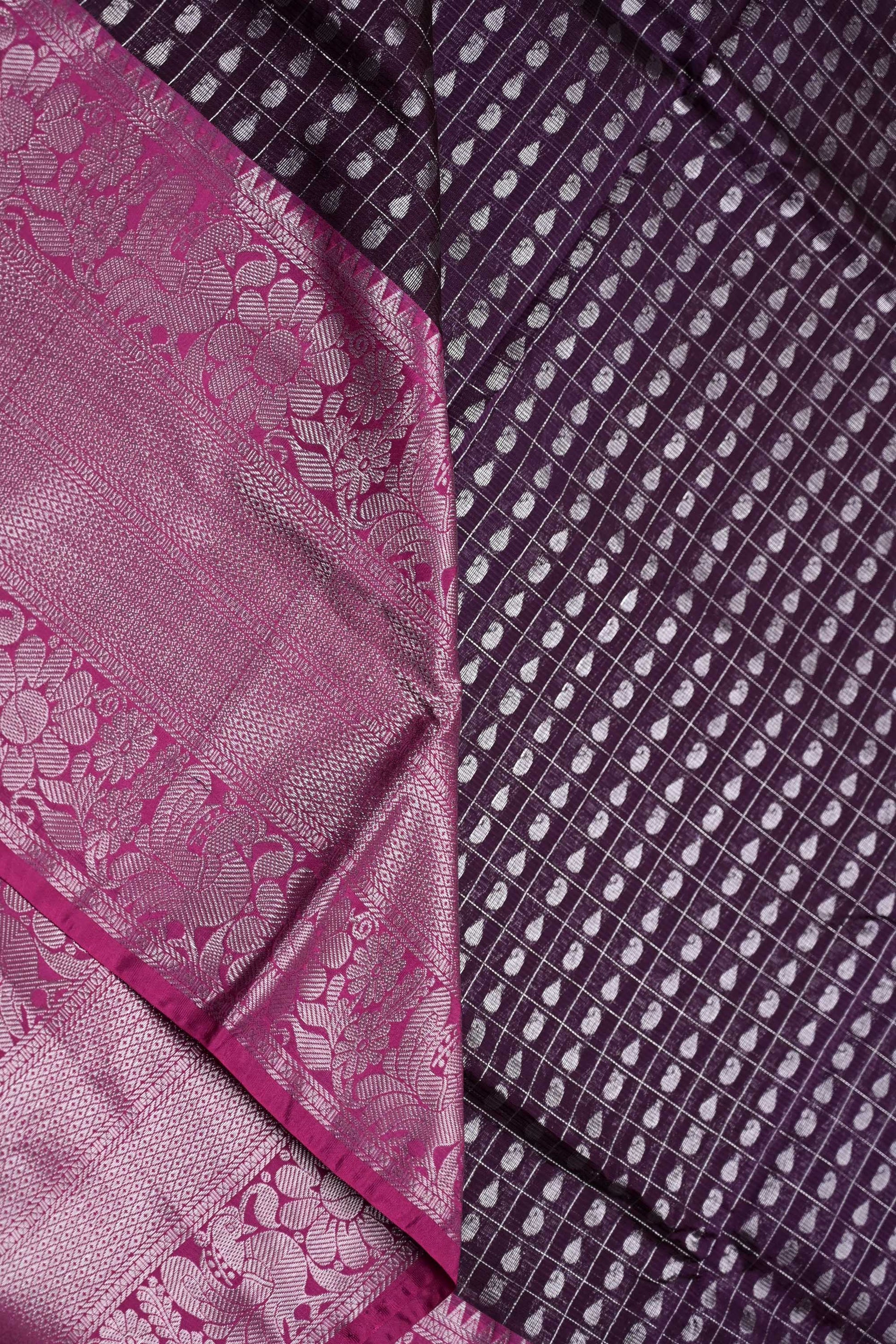Mangalgiri pattu saree pruple and pink with allover checks with silver zari motives, big zari border and plain blouse