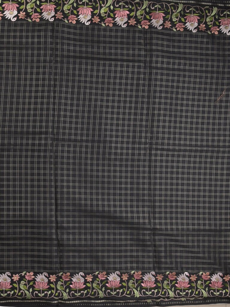 Tussar fancy saree allover checks with embroidery border and attached blouse