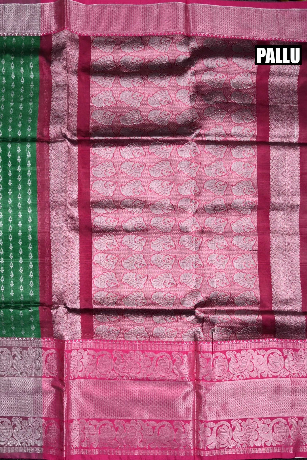 Mangalgiri pattu saree green and pink color with silver zari motive weaves, big zari border and plain blouse