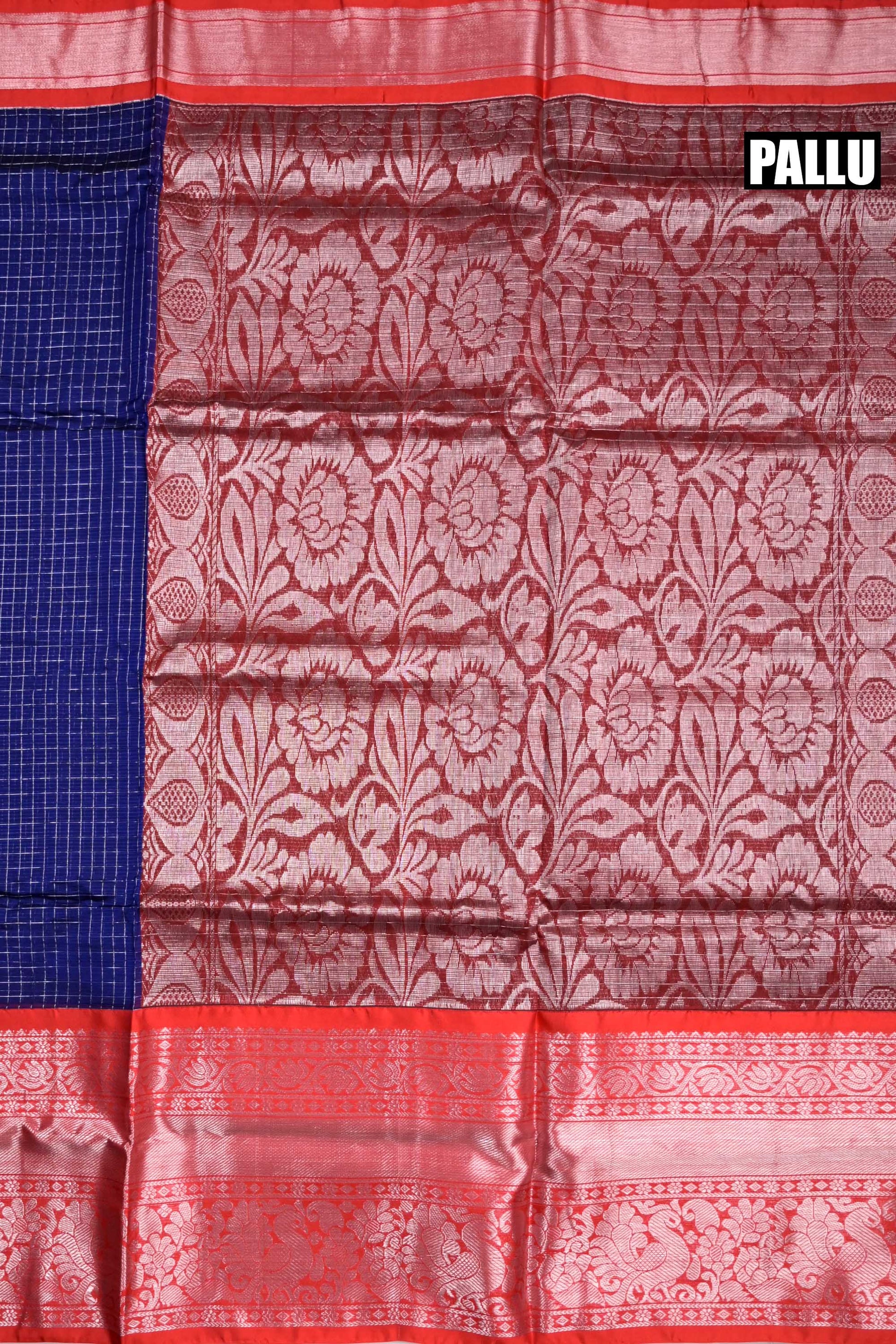 Mangalgiri pattu saree blue and red color with allover silver zari checks weeving, big zari border and plain blouse