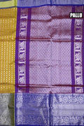 Mangalgiri pattu saree olive green and blue color with allover checks with silver zari motives, big zari border and plain blouse