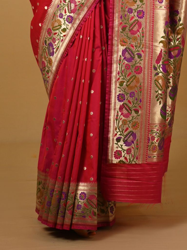 Banaras pattu fancy saree in dark pink color allover zari morifs and paithani border paired with plain blouse
