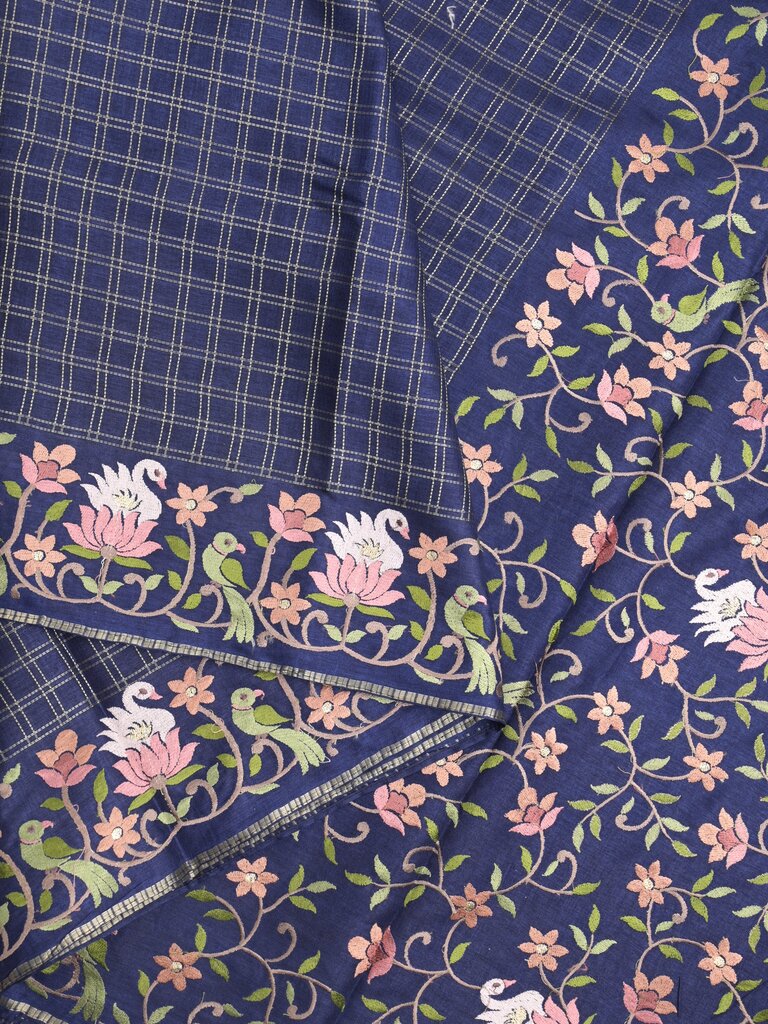 Tussar fancy saree allover checks with embroidery border and attached blouse