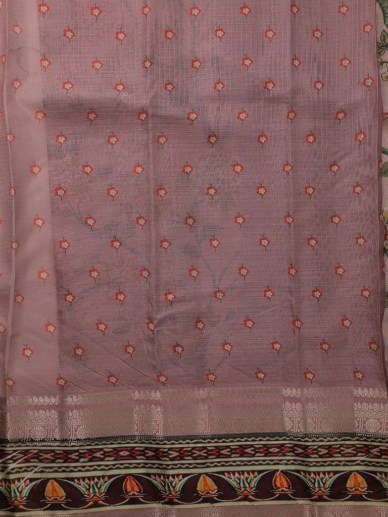 Silk kota fancy saree peach color with allover digital prints & printed and zari border with short pallu and printed blouse