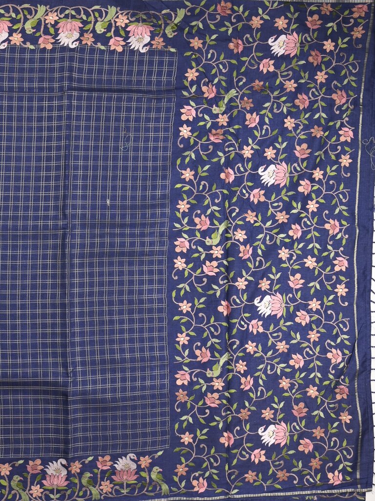 Tussar fancy saree allover checks with embroidery border and attached blouse