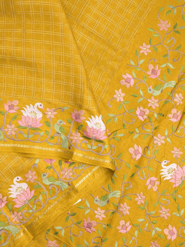 Tussar fancy saree allover checks with embroidery border and attached blouse
