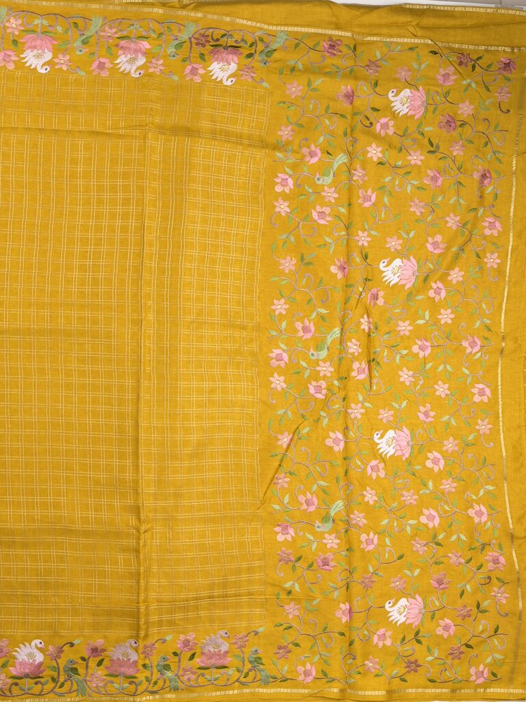 Tussar fancy saree allover checks with embroidery border and attached blouse