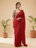 Red color chinnon plain fancy saree with fancy border and embroidery stitched blouse