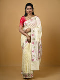 Banaras pattu fancy saree in cream color allover zari motifs and paithani border paired with plain blouse