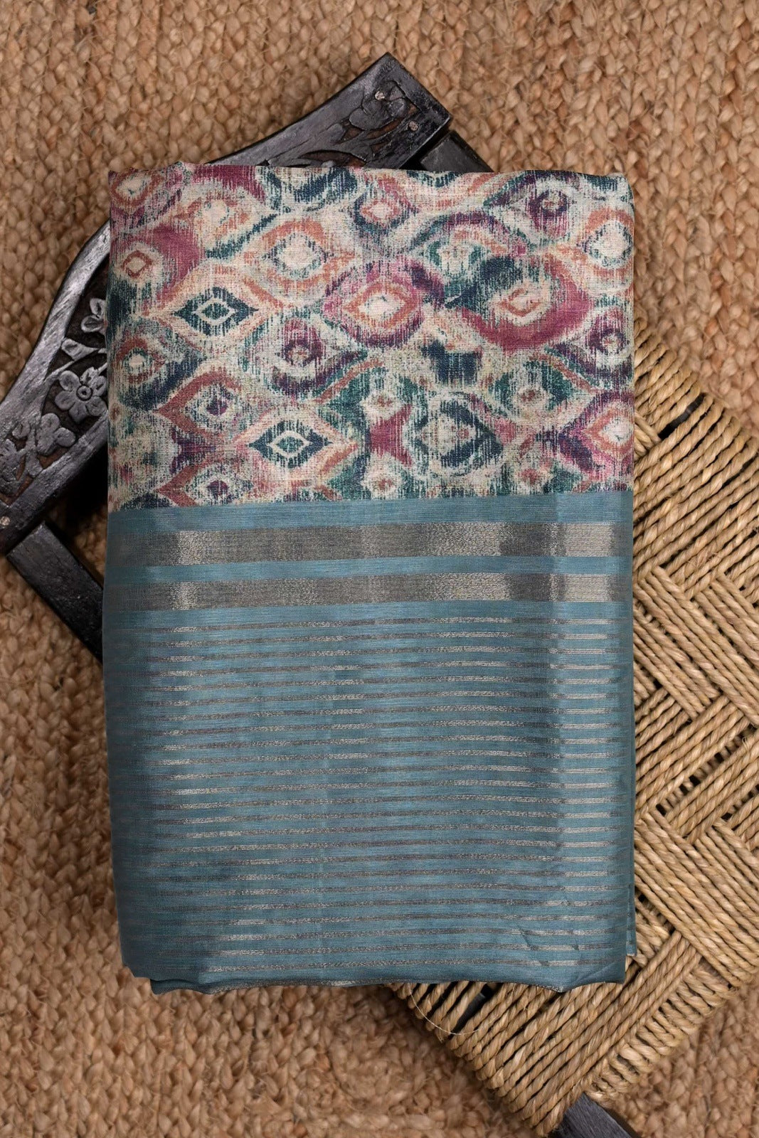 Tussar fancy saree multi color allover digital prints & zari weaving border with brocade pallu and printed blouse