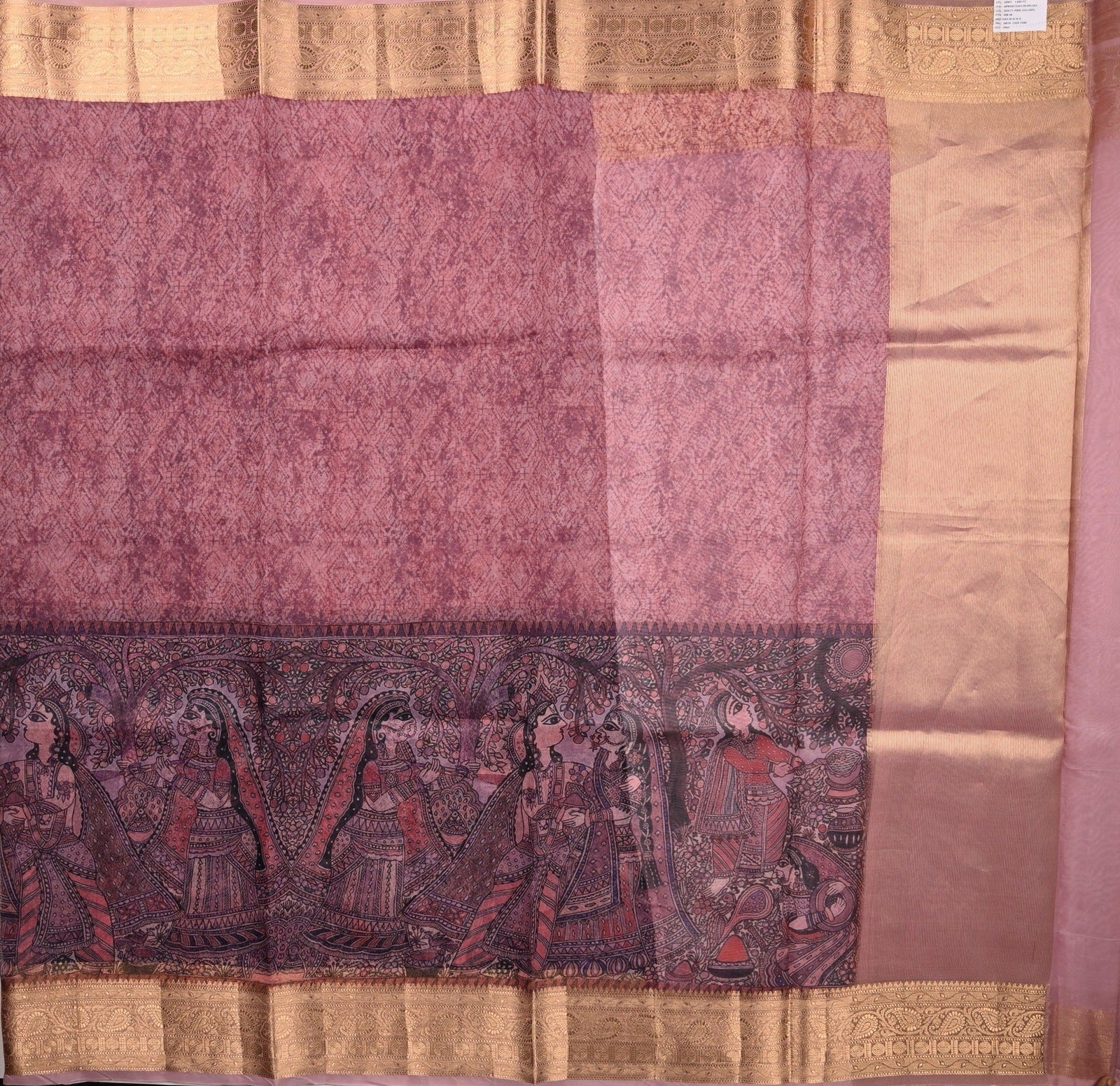 Organza Saree pink color with allover prints, zari border with big prints, short pallu and plain blouse