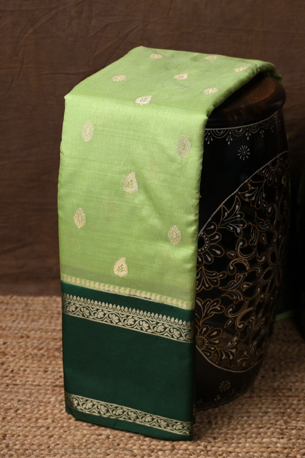 Banaras silk saree light green and bottle green with gold zari motive weaves big zari gap border and brocade blouse