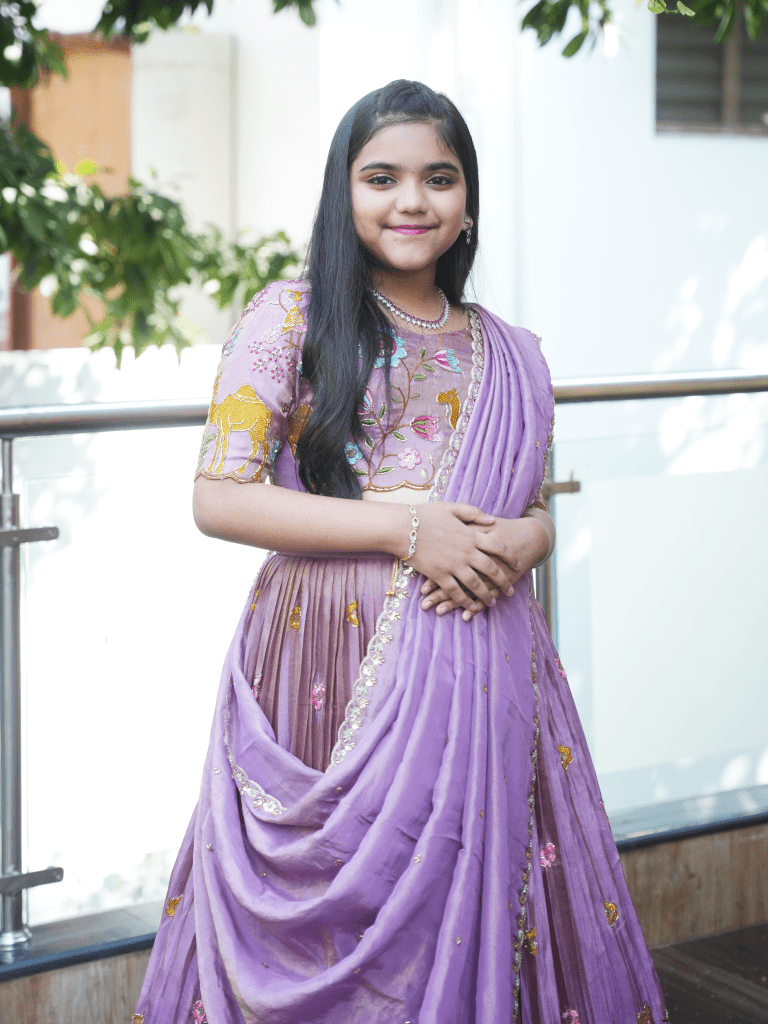 Lavender color dola silk tissue embroidery lehenga