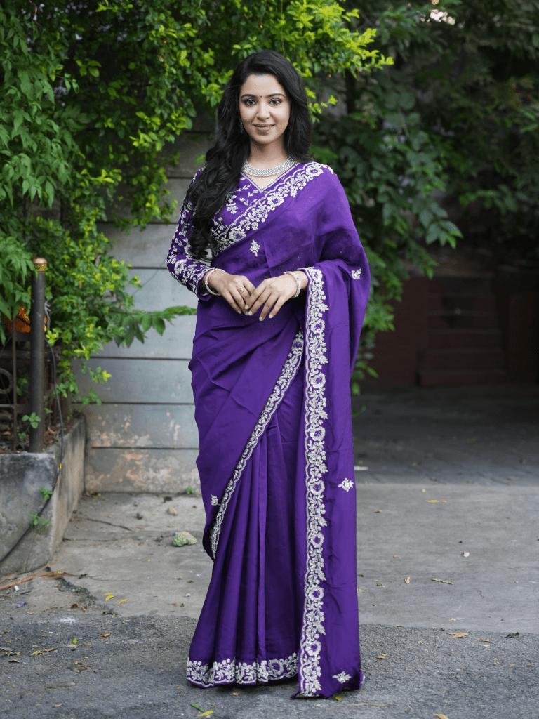 Tabby silk fancy saree dark blue color allover embroidery motifs & fancy border with running pallu and self blouse