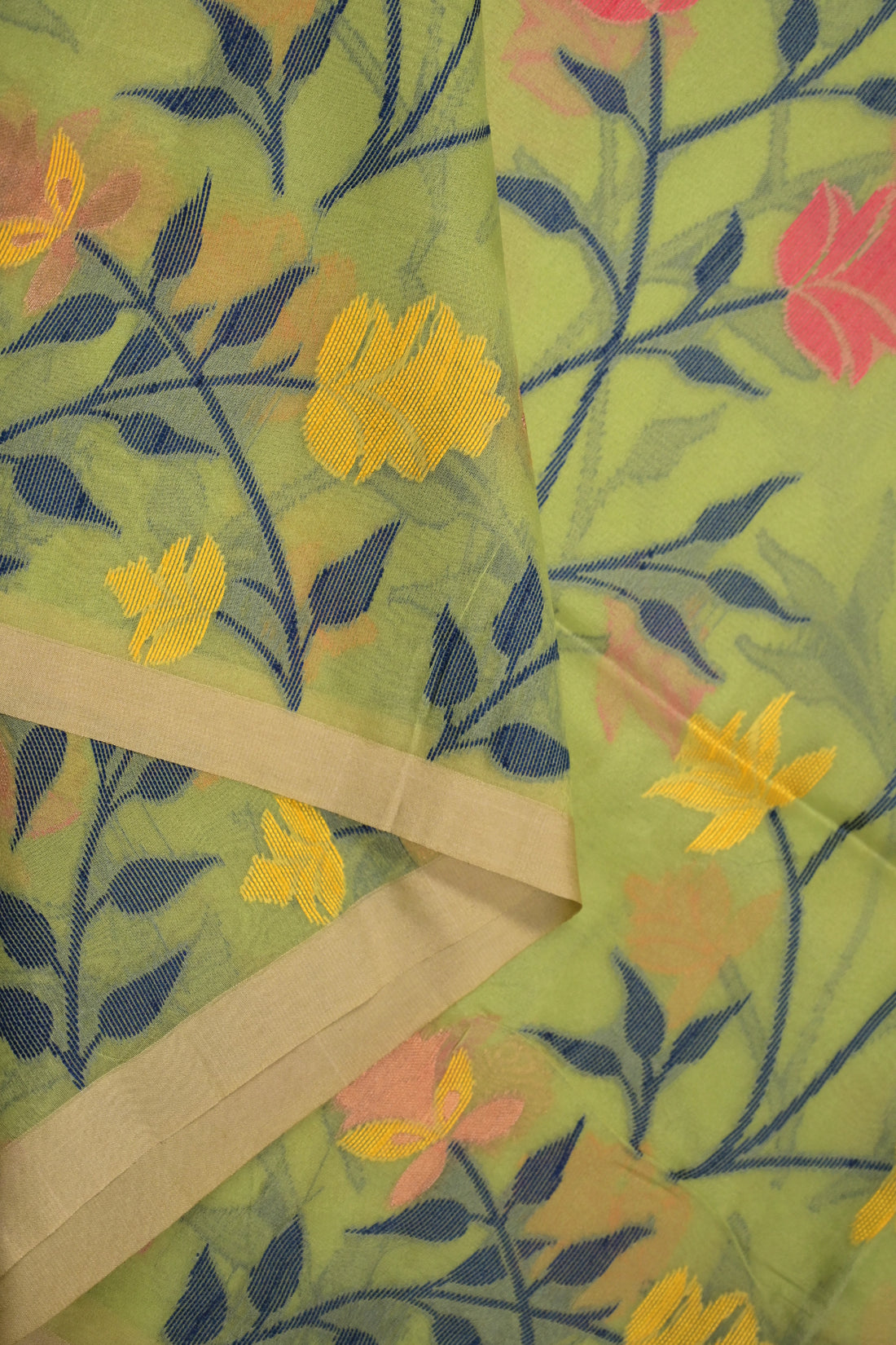 Muslin silk saree light green colour with allover thread embroidery, small border, and plain blouse