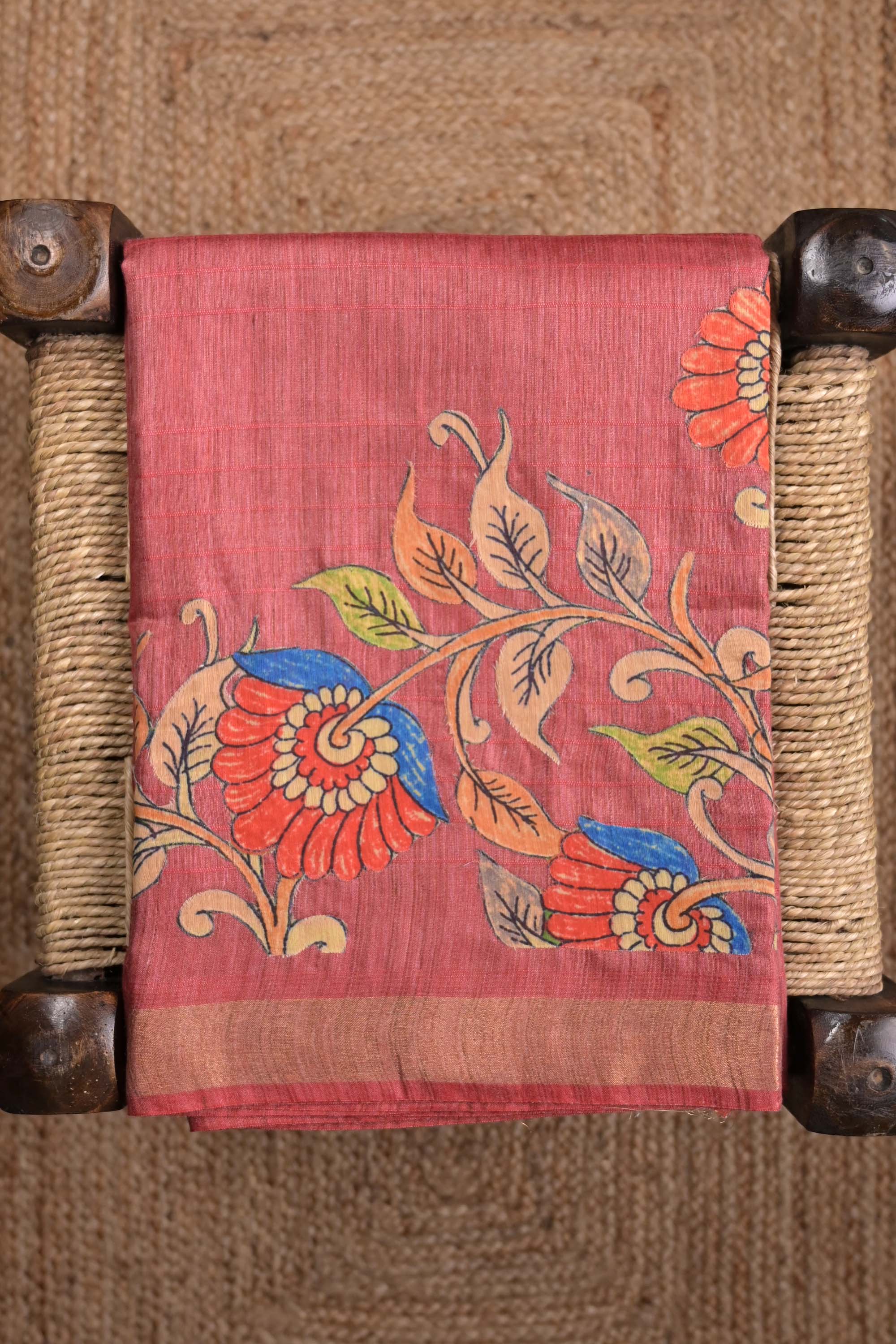 Tussar jute saree red color with kalamkari prints, big printed pallu, small kaddi border and printed blouse